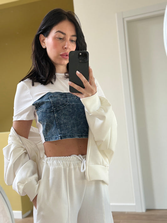 T-SHIRT CROP-Bianco e Denim