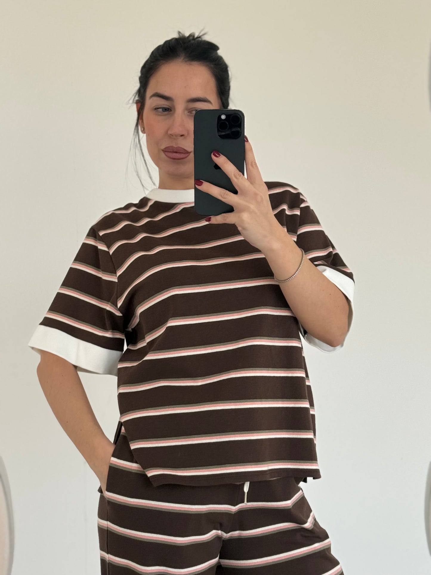 T-SHIRT ALESSIA RIGHE -marrone