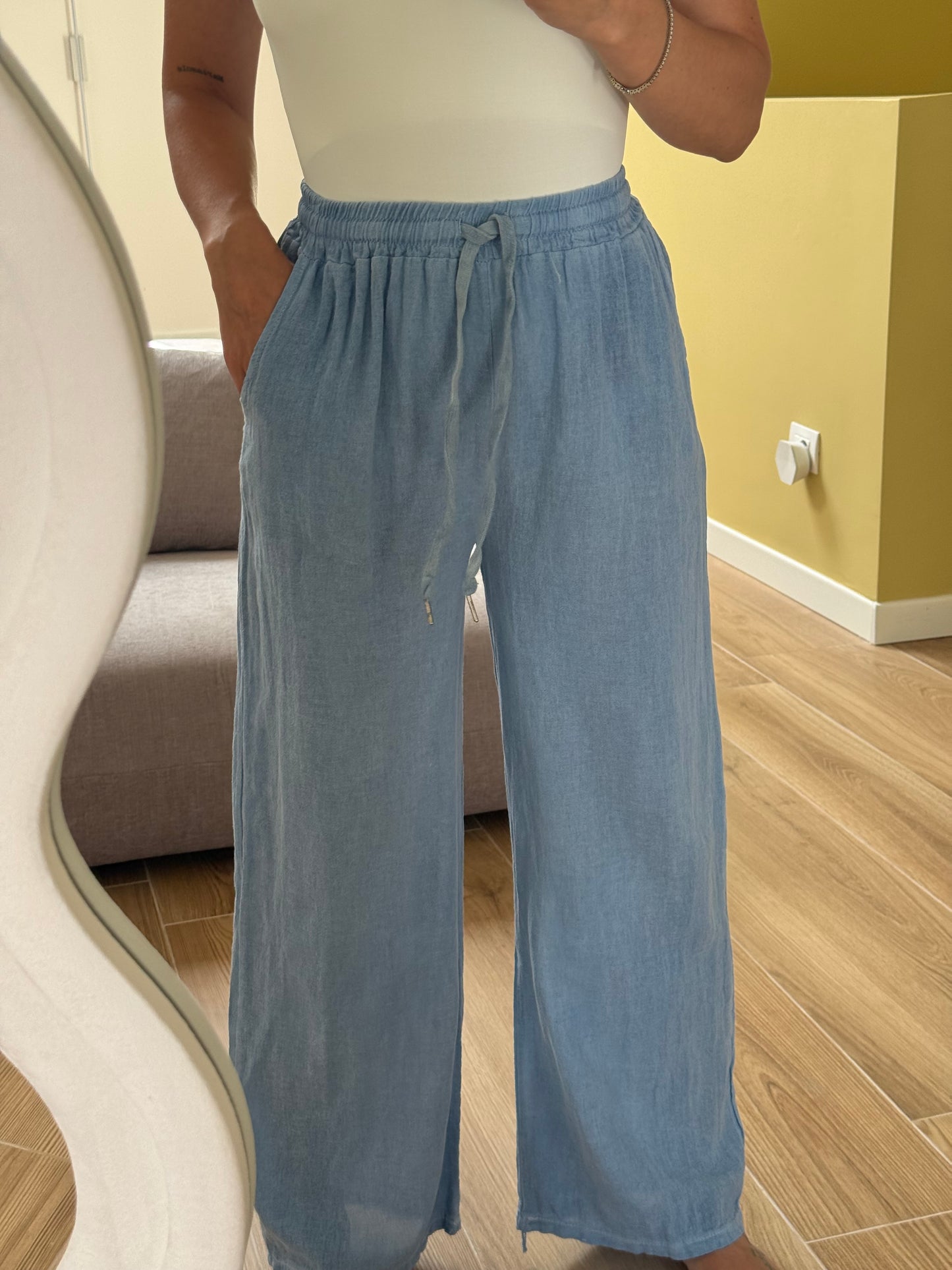PANTALONE EFFETTO LINO -denim
